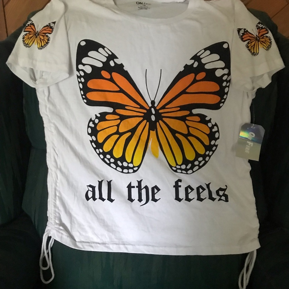 On Fire junior White Tee with Orange Butterfly Graphic